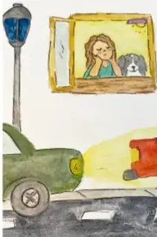 Ilustración de una niña asomada a una ventana con un perro, junto a un poste de luz y un vehículo verde; al fondo se ve una ambulancia.