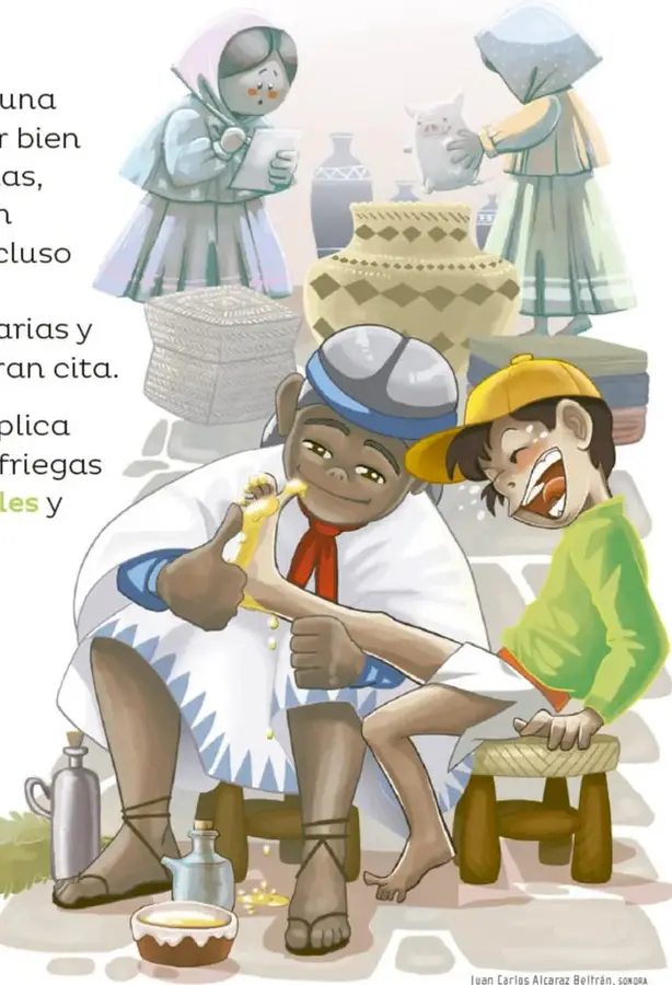 Mujeres rarámuri con vestimenta tradicional sostienen telas y objetos; al fondo hay ollas y canastas de tejido.