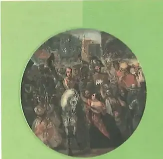 Imagen circular de una escena de enfrentamiento o conflicto político-militar.