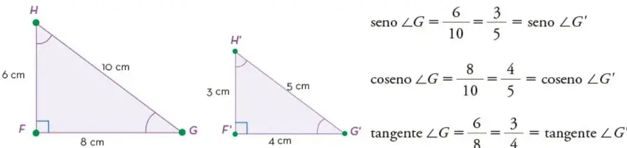Dos triángulos rectángulos semejantes: HFG con catetos HF = 6 cm y FG = 8 cm, hipotenusa HG = 10 cm; y H'F'G' con catetos H'F' = 3 cm y F'G' = 4 cm, hipotenusa H'G' = 5 cm. A la derecha se listan las igualdades de seno, coseno y tangente entre ambos ángulos G y G'.