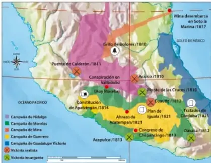 Mapa de la Nueva España con las campañas militares de Hidalgo, Morelos, Mina, Guerrero y Guadalupe Victoria, así como batallas, congresos y victorias realistas e insurgentes entre 1810 y 1821.