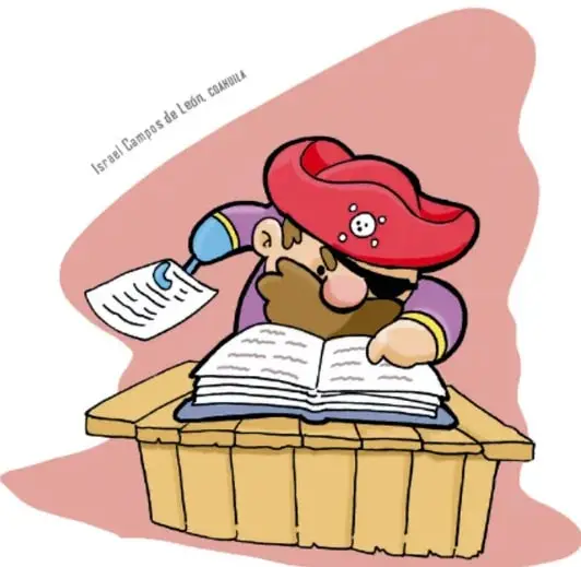 El pirata lee con atención un libro grande abierto sobre una mesa de madera, sosteniendo una hoja con la mano de garfio.