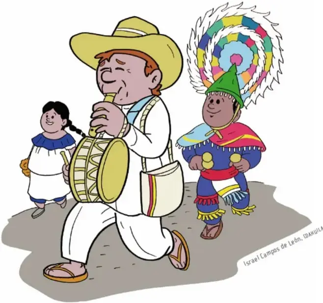 Ilustración de tres niños: uno con sombrero tocando un tambor, otro con penacho de plumas coloridas y sonajeros, y una niña con vestido blanco; crédito: Israel Campos de León, Coahuila.
