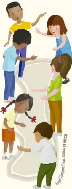 Ilustración de un grupo diverso de niños y niñas de distintas edades y culturas que dialogan alrededor de una silueta blanca.