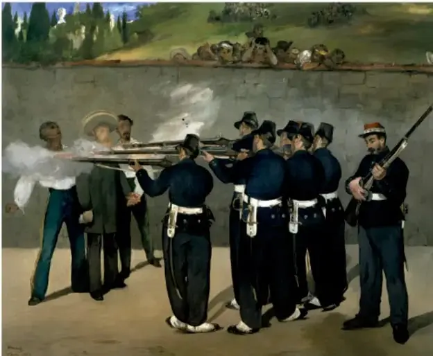 Pintura histórica que representa el fusilamiento de Maximiliano de Habsburgo, acompañado de sus generales, frente a un pelotón de soldados republicanos.