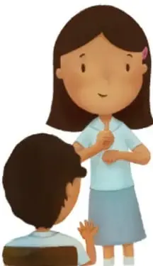 Una niña de pie explica a dos compañeras sentadas, una de ellas con lentes, en actitud de escucha; ilustra la presentación del discurso ante el público.