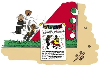 Cartel escrito de un "Kermés Mexicano" con texto e ilustraciones, rotulado como Lenguaje escrito.