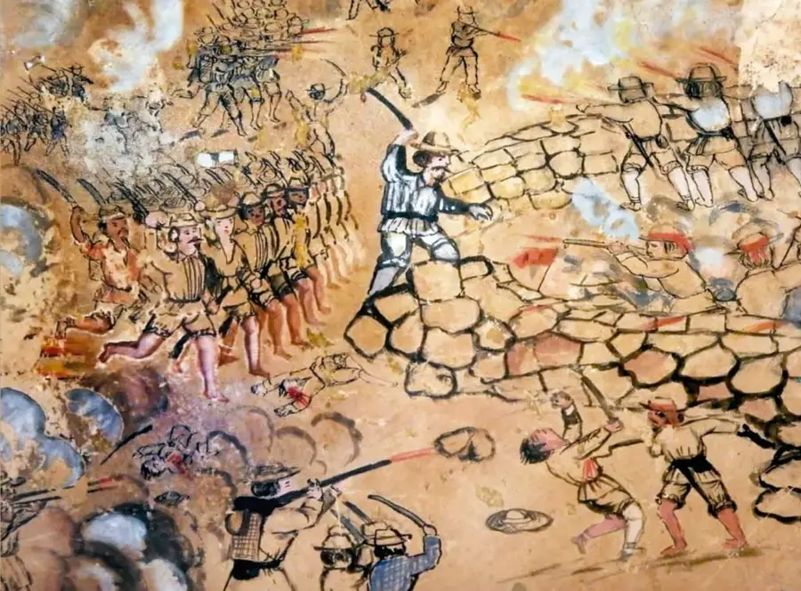 Acuarela del siglo XIX de la guerra de castas: combate entre soldados y grupos indígenas con machetes y fusiles tras una muralla de piedra; procede del Museo del Pueblo Maya Dzibilchaltún, Yucatán (INAH).