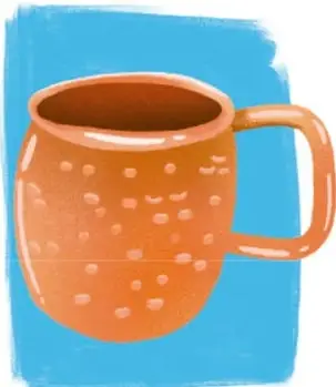 Ilustración de una taza de barro color naranja con textura de puntos blancos, con asa, sobre fondo azul.