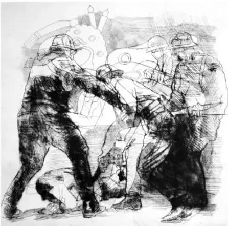 Ilustración en blanco y negro que muestra una escena de represión con figuras humanas, posiblemente soldados y estudiantes en confrontación.