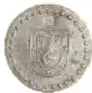 Fotografía de una moneda antigua de plata (anverso con escudo) y su ficha catalográfica.