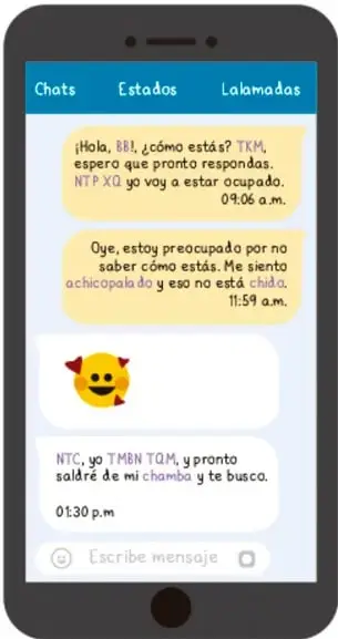 Teléfono celular con una conversación de chat que incluye abreviaturas (BB, TXM, NTP, XD, NTC, TMEN, TQM) y coloquialismos (chida, chamba, achicopalada), además de un emoticono.