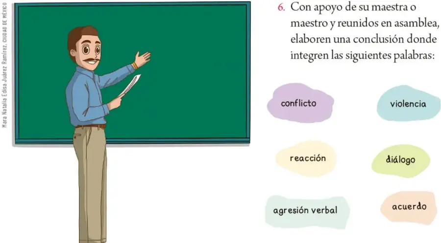 Ilustración de un maestro con bigote, camisa azul y pantalón beige, señalando con un puntero una pizarra verde vacía, como apoyo para escribir la conclusión en asamblea. Crédito vertical: Mara Narváez Elías Juárez Ramírez, CDN, UNAM.
