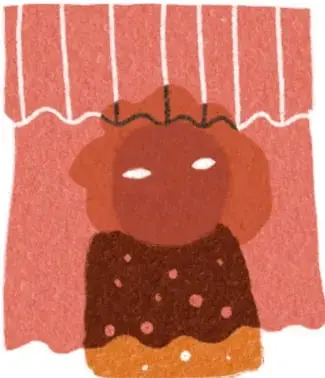 Ilustración de un títere sobre un escenario con cortinas rojas, relacionado con la obra teatral.