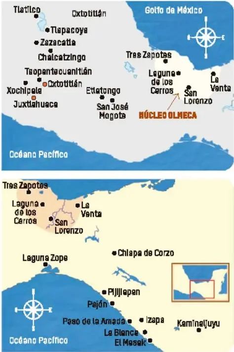 Mapa del núcleo olmeca con el océano Pacífico y sitios como Tlatilco, Tlapacoya, Chalcatzingo, Teopantecuanitlán, Juxtlahuaca, San José Mogote.