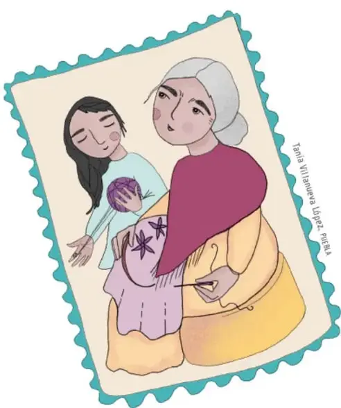 Ilustración de una niña y una abuela cosiendo juntas, enmarcada como sello filatélico, obra de Tania Villanueva López, RUTA.