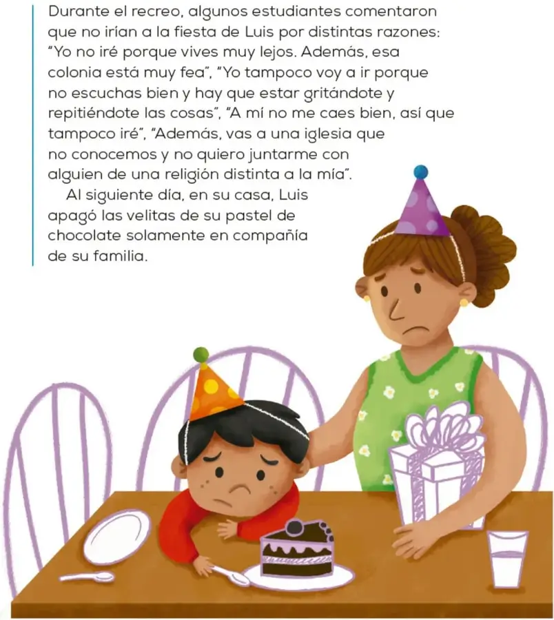 Ilustración de Luis, un niño con gorrito de cumpleaños, apagando las velitas de un pastel de chocolate acompañado solo por su mamá, quien lo abraza con expresión de tristeza. Hay un plato, una cuchara, un vaso y un regalo sobre la mesa.