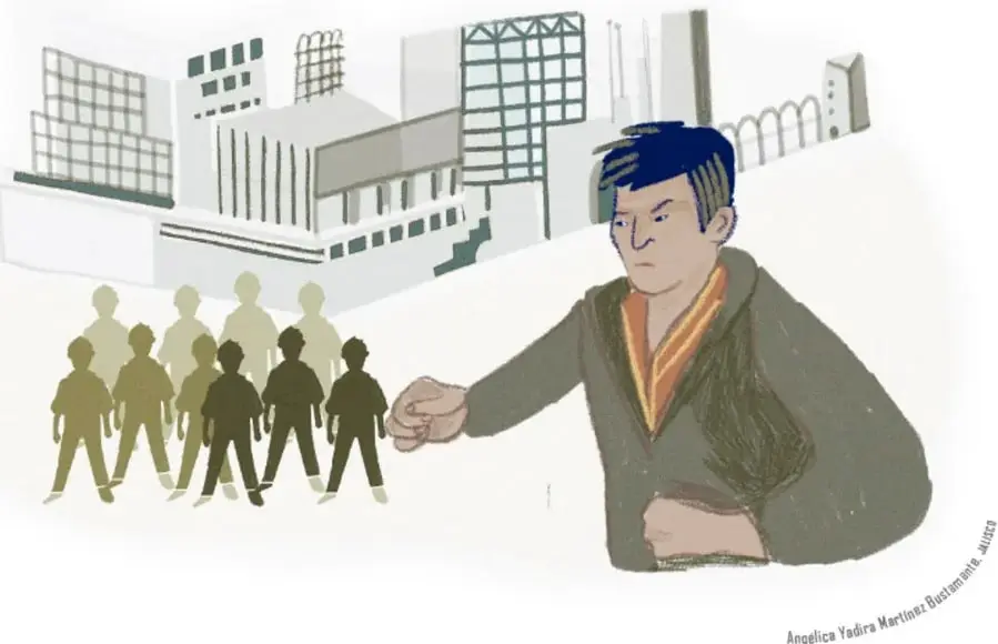 Ilustración de un joven de espaldas con chaqueta verde y cuello naranja, señalando a un grupo de siluetas humanas. Al fondo, una construcción carcelaria con rejas y torres. Estilo digital con tonos apagados.