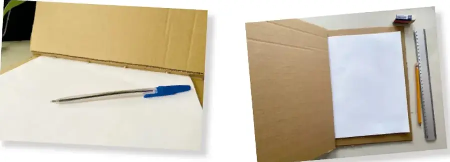 Cartón doblado a modo de carpeta con una hoja blanca dentro, una regla, un lápiz y un borrador.