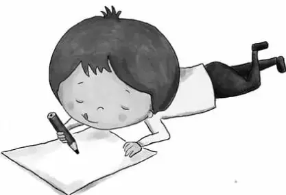 Ilustración de un niño acostado escribiendo en una hoja con un lápiz.