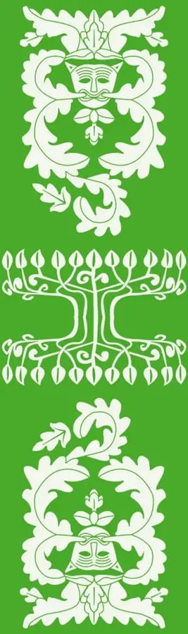 Tres ornamentos florales blancos estilo filigrana: dos figuras simétricas con rostro estilizado en la parte superior e inferior, y un árbol estilizado con ramas y hojas en el centro.