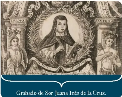 Grabado de Sor Juana Inés de la Cruz con alegorías de Europa y América.
