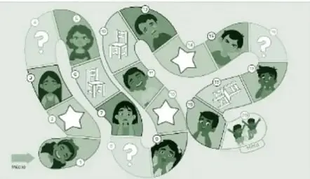 Tablero «¡Cuento, siento y sigo!»: sendero serpenteante de casillas con niños y niñas, estrellas, signos de interrogación y casilla de INICIO con flecha, de 20 casillas.