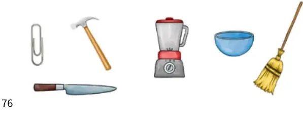 Seis objetos: clip, martillo, licuadora, bowl, escoba y cuchillo, para encerrar los utensilios de cocina.
