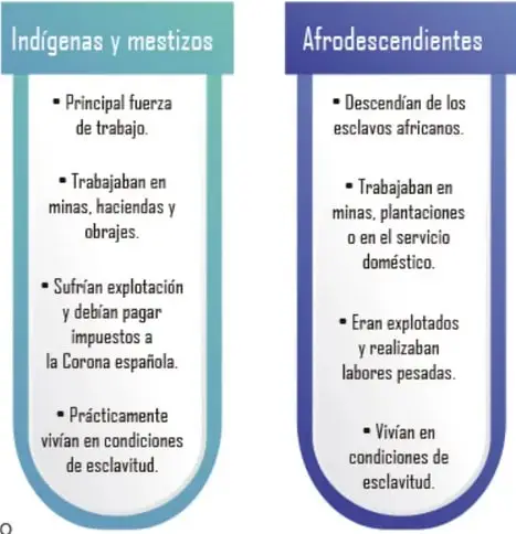 Organizador gráfico de cuatro recuadros de colores (naranja, magenta, turquesa, azul) con las características de cada grupo social de la Nueva España.