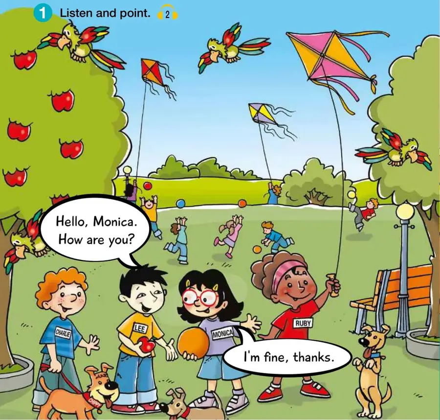 Parque con niños jugando, árboles con manzanas, pájaros, cometas y perros.