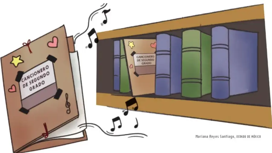 Ilustración de la portada del 'Cancionero de Segundo Grado' con corazones y estrellas, junto a un estante de libros donde también se ubica un cancionero; notas musicales flotan alrededor. Crédito: Mariana Reyes Santiago, ESTADO DE MÉXICO.