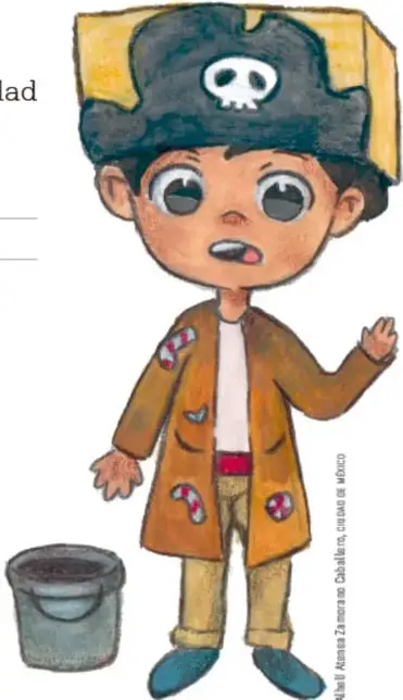 Niño disfrazado de pirata con sombrero negro y calavera, junto a una cubeta gris.