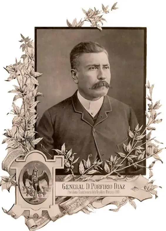 Retrato de Porfirio Díaz con uniforme militar, enmarcado con hojas de laurel y el escudo nacional. Al pie dice: 'General D. Porfirio Díaz, Presidente Constitucional de los Estados Unidos Mexicanos'.