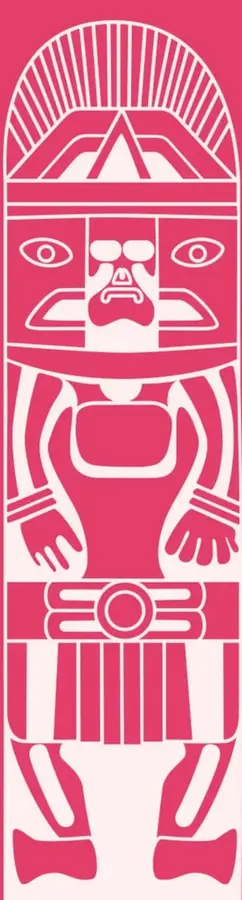 Ilustración gráfica en dos tintas (rosa magenta y rosa pálido) de una figura frontal estilo escultura mesoamericana, con tocado arqueado radiado, ojos, nariguera, brazos flexionados y faldellín rayado, sobre fondo magenta (espejo de la apertura anterior).