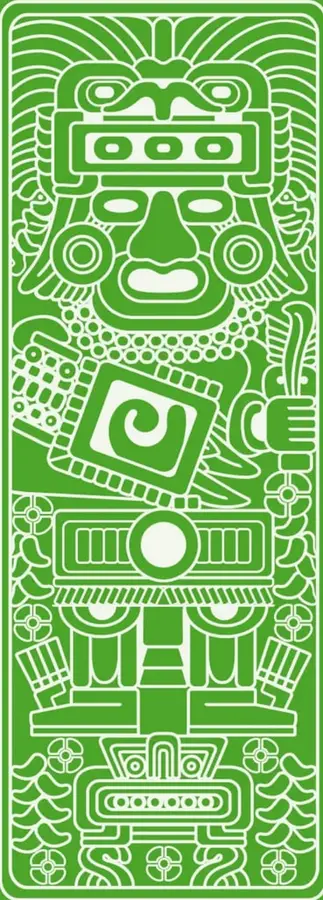 Ilustración vertical de estilo mesoamericano en tonos verdes: figura antropomorfa estilizada con rasgos sobrenaturales, elementos simbólicos y ornamentos geométricos, evocando el arte ancestral de los pueblos originarios de Mesoamérica.