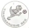 Fotografía del anverso de una medalla de la Serie Dinolimpiadas, con un Tiranosaurio Rex jugando fútbol; medalla de México, CuNi, diámetro 32 mm, Colección Casa de Moneda de México, Museo Numismático Nacional.