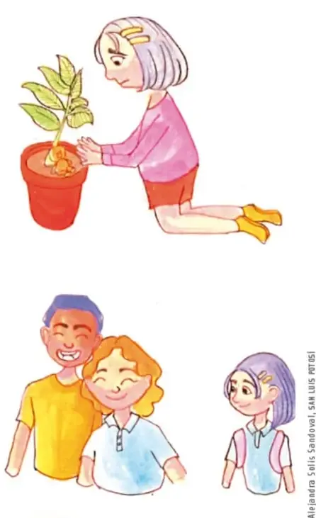 Niña arrodillada regando una planta en una maceta roja, con peinado corto y cabello claro.