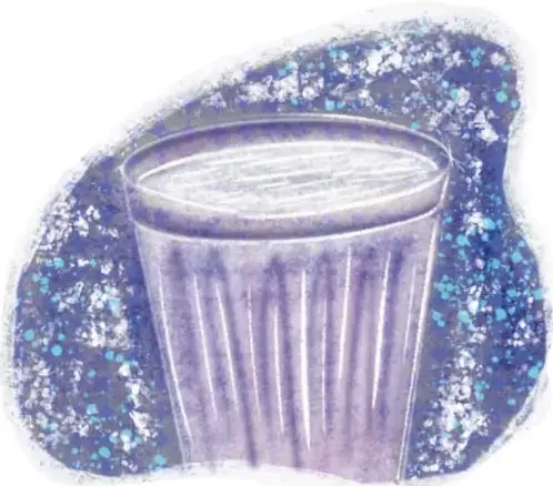 Ilustración de un vaso de agua con refracciones de luz, en tonos violeta y azul.