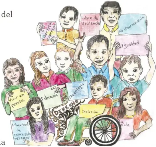 Dibujo a colores firmado por Abdón Pinedo García, Zacatecas: niñas y niños, uno en silla de ruedas, sostienen carteles con derechos: 'Libre de violencia', 'Igualdad', 'No discriminación', 'Vivir en familia', 'Educación', 'Creación', 'Inclusión', 'Libertad', 'Vida', 'Libertad de expresión y religiosa'.