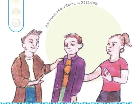 Ilustración de tres niñas y niños dialogando y poniéndose de acuerdo, con crédito a José Francisco Bravo Moreno, Ciudad de México.