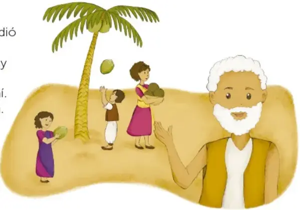 El anciano saluda junto a una palmera cargada de cocos mientras una mujer y dos niños recogen los frutos.