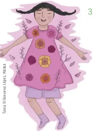 Ilustración de una niña de vestido rosa con flores, con los ojos cerrados y brazos abiertos, rodeada de un halo rosado; ilustración de Tania Villanueva López, DEB.