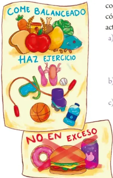 Cartel con las frases 'COME BALANCEADO', 'HAZ EJERCICIO' y 'NO EN EXCESO', con ilustraciones de alimentos saludables, frutas, verduras, pescado, pan, implementos deportivos (cuerda, pelota, pesas, tenis) y alimentos chatarra (dona, hamburguesa, refresco). Crédito: Cristy Ailed Reyes Espinosa, ZACATECAS.