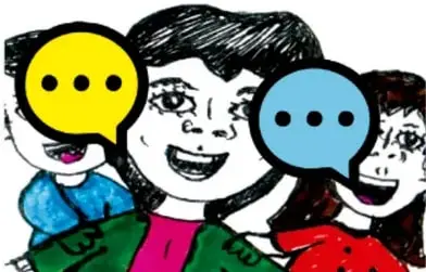 Ilustración de tres personas con burbujas de diálogo (amarilla y azul), que representa la conversación y el intercambio de ideas en equipo. Crédito: Jorge González Morales, PUELA.