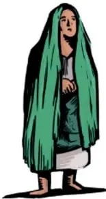 Mujer de pie envuelta en un rebozo verde.