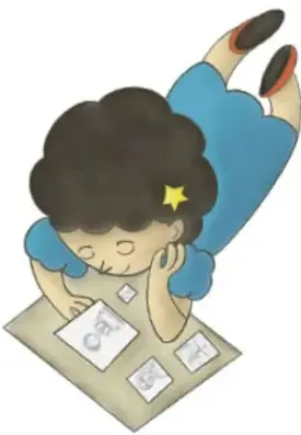 Ilustración de una niña con cabello rizado y estrella amarilla, acostada boca abajo sobre una hoja de papel, dibujando o escribiendo. Debajo dice: Guillermo de Marco Rojas Palos, JALISCO.