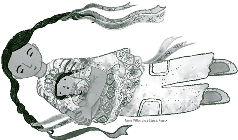 Ilustración en tonos grises y verdes de una mujer con trenza larga sosteniendo a un bebé en brazos; ambos con vestimenta tradicional bordada. Crédito: Tania Villanueva López, Puebla.