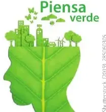 Ilustración verde de un perfil humano formado por elementos naturales, con el texto «Piensa verde».