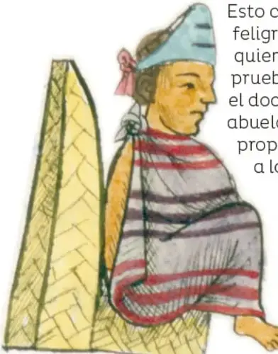 Ilustración coloreada a mano de una figura indígena sentada, con capa a rayas y tocado, probablemente representación de Cuauhtémoc o un mexica.