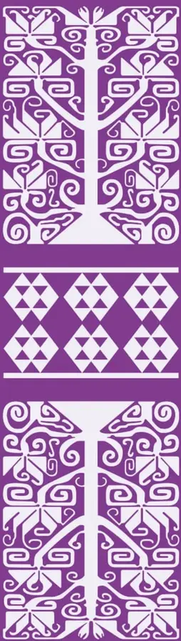 Patrón textil geométrico blanco sobre fondo morado con motivos simétricos y espirales.